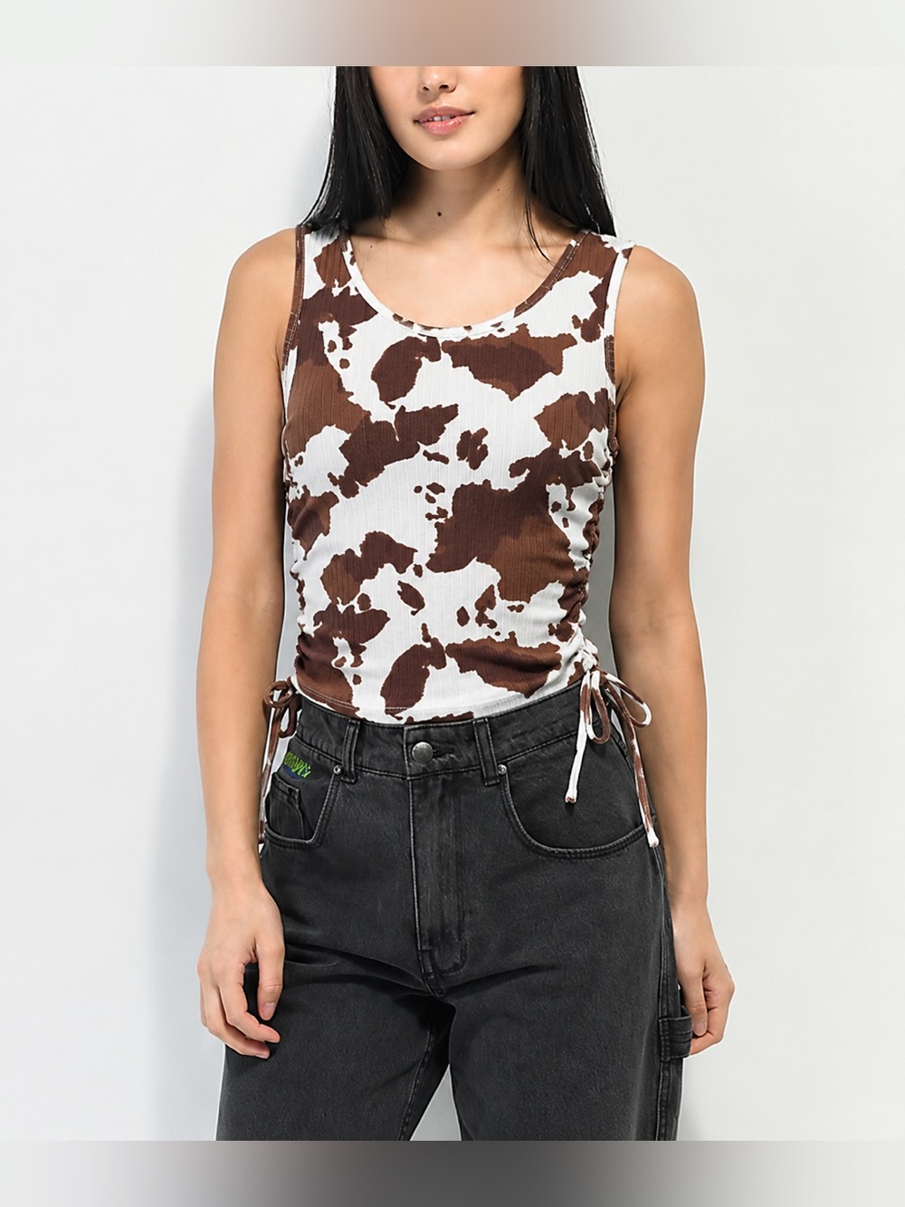 Altar’d State Cow Print Tank Top Ribbed Ruched Sides Stretch Western Brown 864